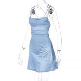 Cross back solid satin cowl neck lace up self tie backless mini dress 3