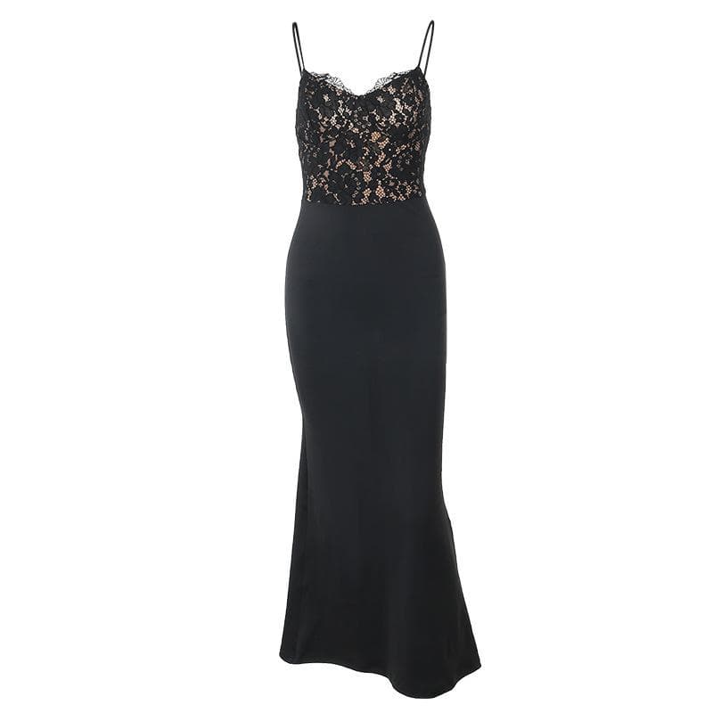 Lace Bodice V-Neck Spaghetti Strap Mermaid Hem Cami Maxi Dress