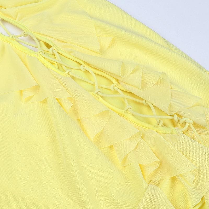 Ruffle Trim Lace Up Front Cut Out Mesh Hem Cami Mini Dress 8