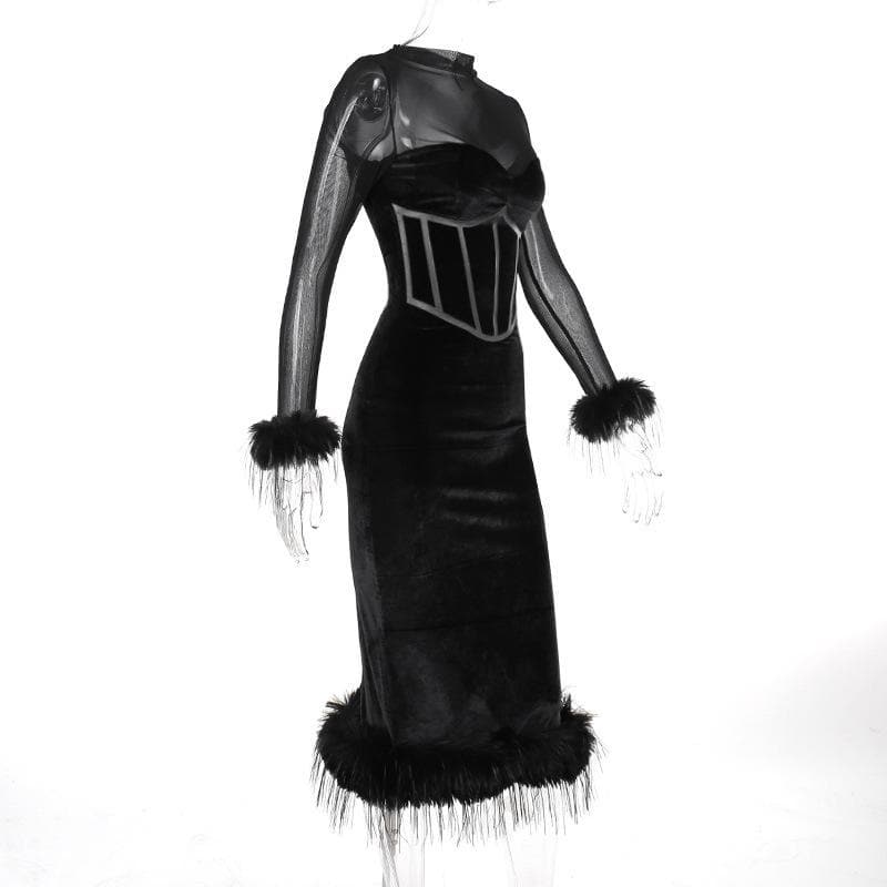 Long sleeve feather velvet mesh patchwork slit high neck midi dress 3
