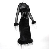 Long sleeve feather velvet mesh patchwork slit high neck midi dress 3