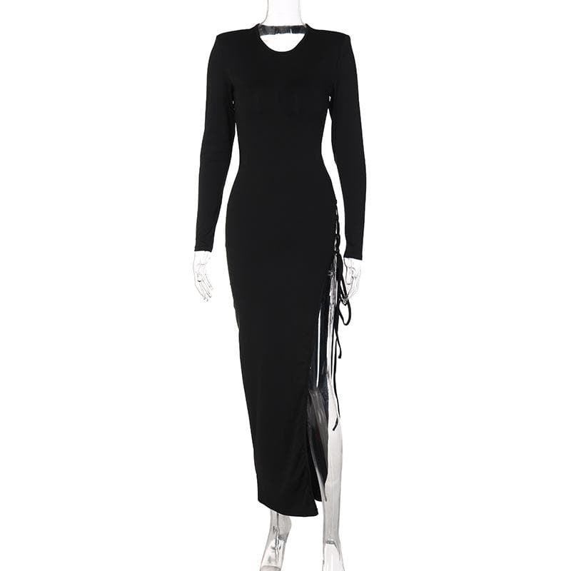 Lace up irregular long sleeve hollow out backless maxi dress 2