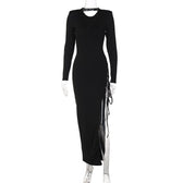 Lace up irregular long sleeve hollow out backless maxi dress 2
