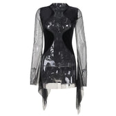 Mesh crewneck long sleeve see through embroidery mini dress 9