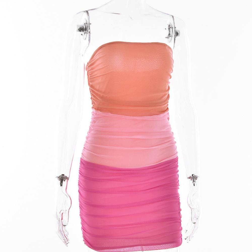 Mesh patchwork contrast ruched tube mini dress 3