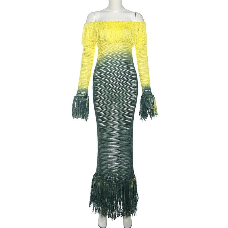 Crochet tassels off shoulder contrast long sleeve maxi dress 2