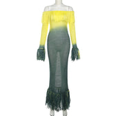 Crochet tassels off shoulder contrast long sleeve maxi dress 2