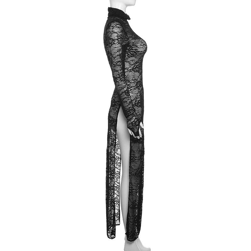 Lace long sleeve turtle neck see through slit gloves maxi dress 3