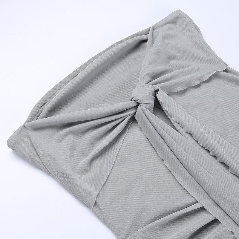 Strapless Mesh Ruched Knot Front Draped Tie Bodycon Mini Dress 4