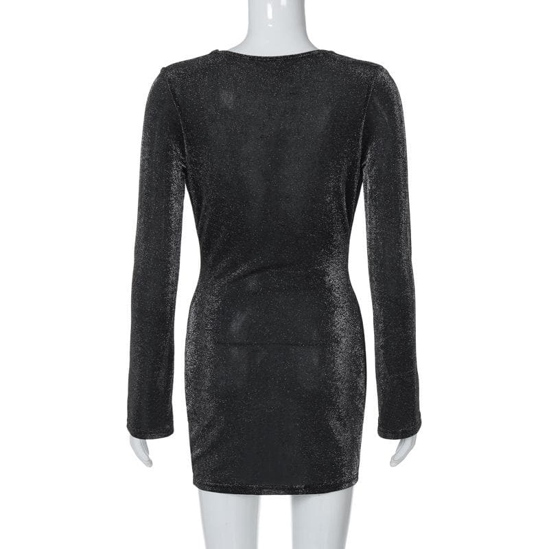 Glitter Cowl Neck Flare Long Sleeve Bodycon Mini Party Dress 4