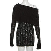 Crochet off shoulder long sleeve hollow out mini dress 2