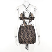 Cross front backless hollow out lace hem contrast mini dress 4