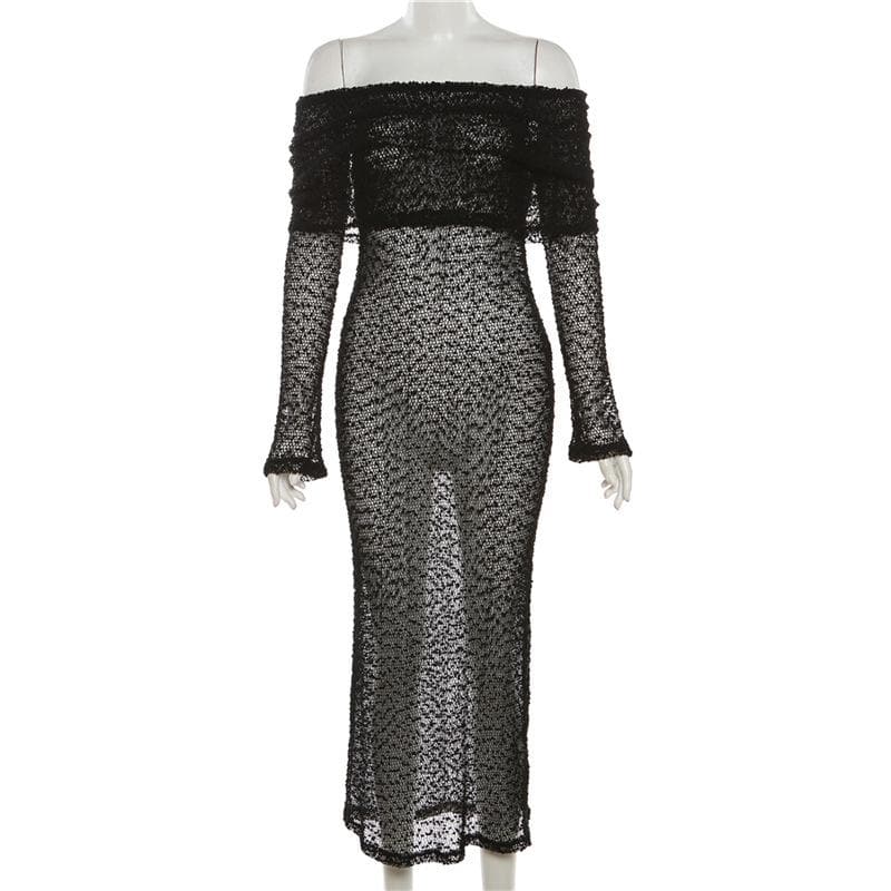 Textured glitter off shoulder long sleeve see through maxi dress 3