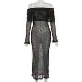 Textured glitter off shoulder long sleeve see through maxi dress 3