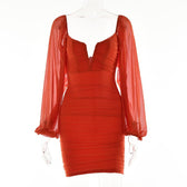 Mesh solid long sleeve ruched notch neck zip-up mini dress 13