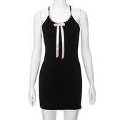 Bowknot ribbon lace hem u neck cross back backless cami mini dress 8