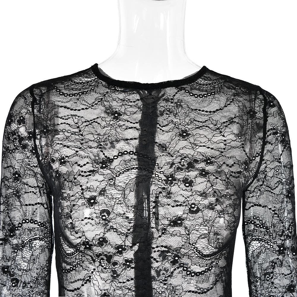 Lace see through long sleeve zip-up self tie ruched mini dress 7