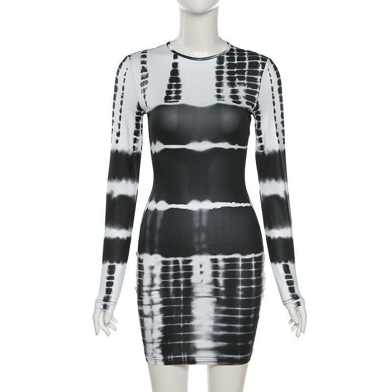 Long sleeve crewneck tie dye bodycon dress