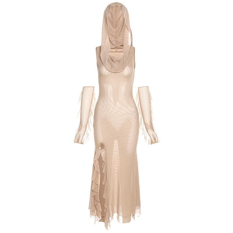Sleeveless solid mesh slit gloves hoodie midi dress 2
