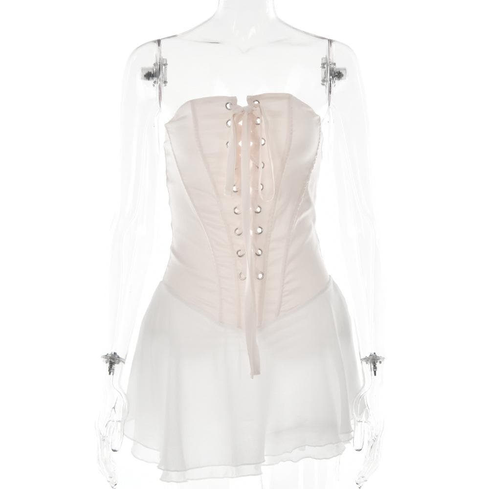 Strapless Satin Lace Up Corset Chiffon Ruffle Skirt Mini Dress 8