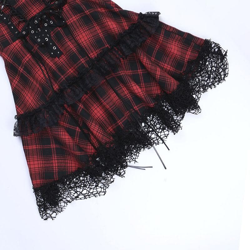 Zip-up lace hem lace up plaid backless mini dress 4