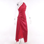 Slit solid satin one shoulder irregular ruched maxi dress 3