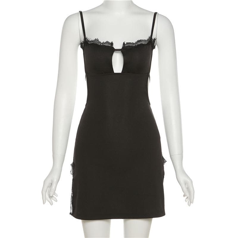 Lace hem solid hollow out backless slit cami mini dress 3