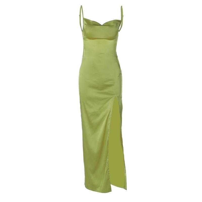 Satin Cowl Neck Spaghetti Strap High Split Maxi Dress