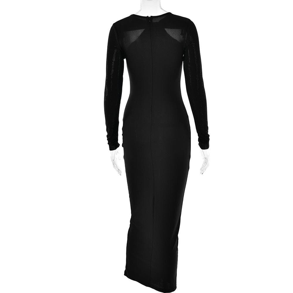 Long sleeve beaded zip-up hollow out patchwork maxi dress 6