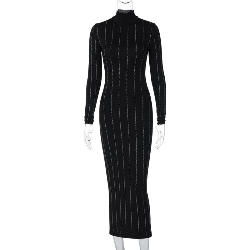 Long sleeve high neck beaded solid midi dress 4
