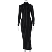Long sleeve high neck beaded solid midi dress 4