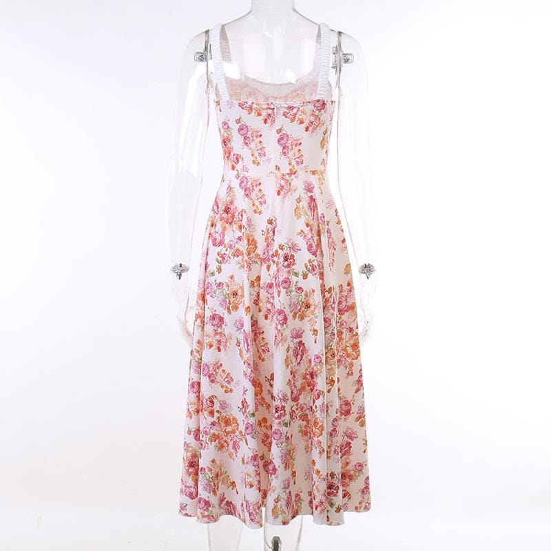 Flower print ruched self tie sleeveless contrast slit zip-up midi dress
