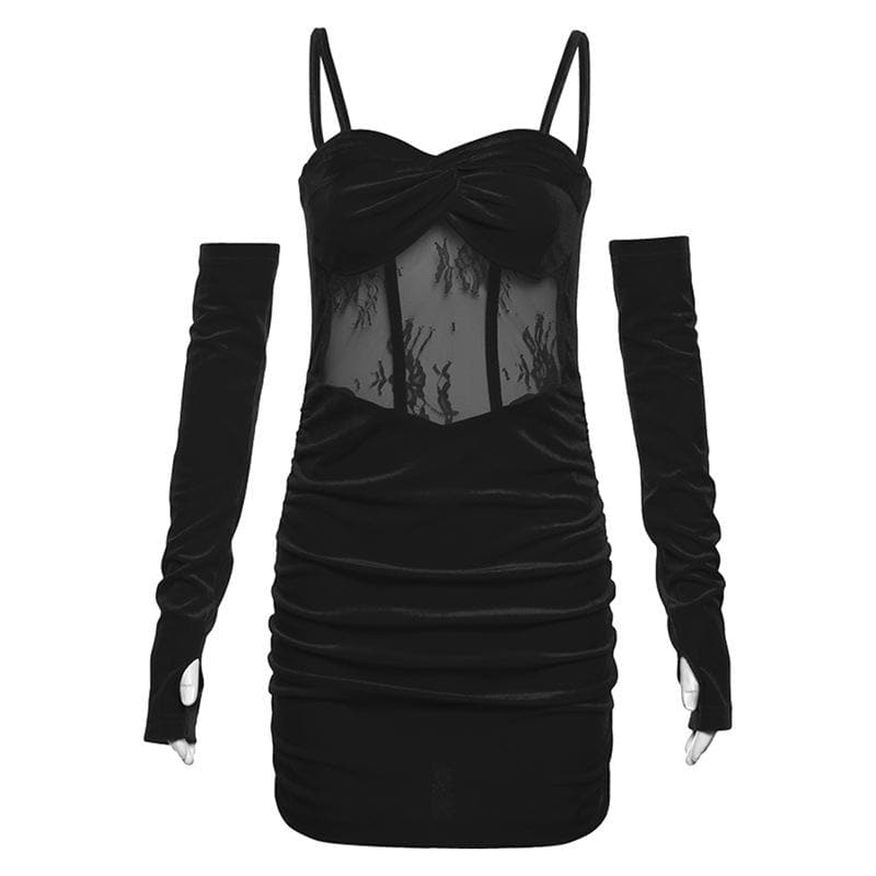 Velvet Twist Bust Lace Mesh Waist Ruched Cami Mini Dress with Gloves 3