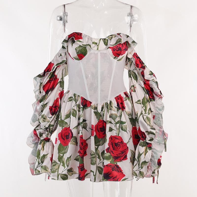 Off shoulder contrast long sleeve flower pattern backless mini dress