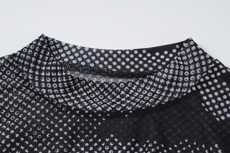 Long sleeve sheer mesh see through contrast polka dot mini dress 5