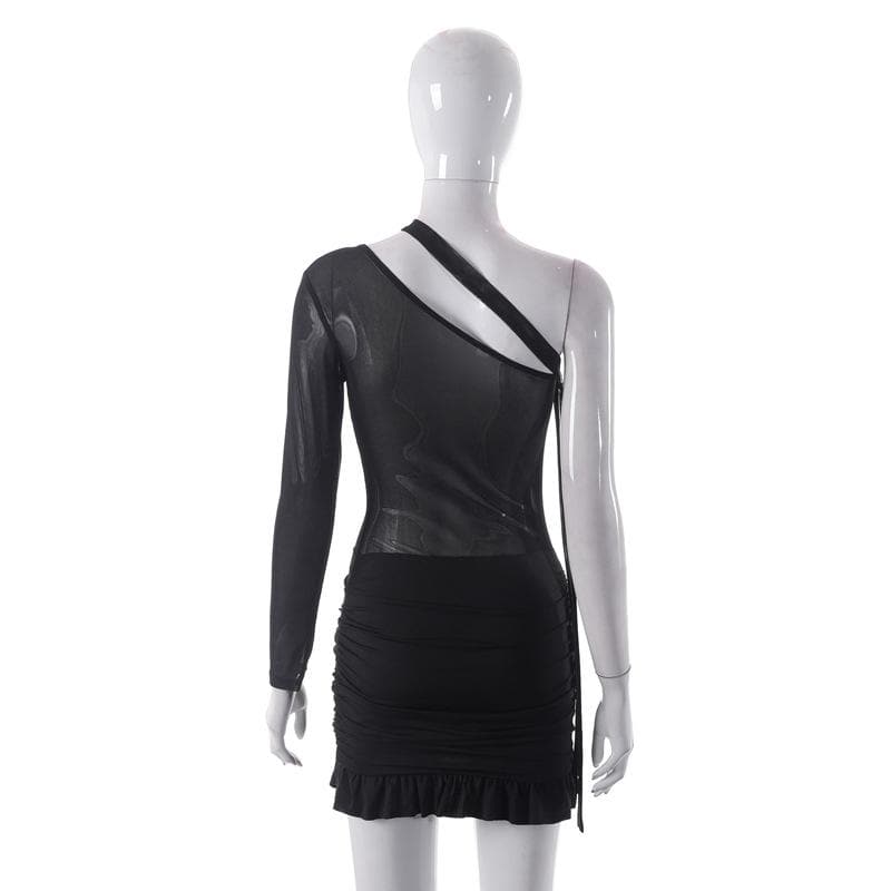 Mesh one shoulder buckle ruffle irregular mini dress 3