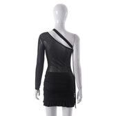 Mesh one shoulder buckle ruffle irregular mini dress 3