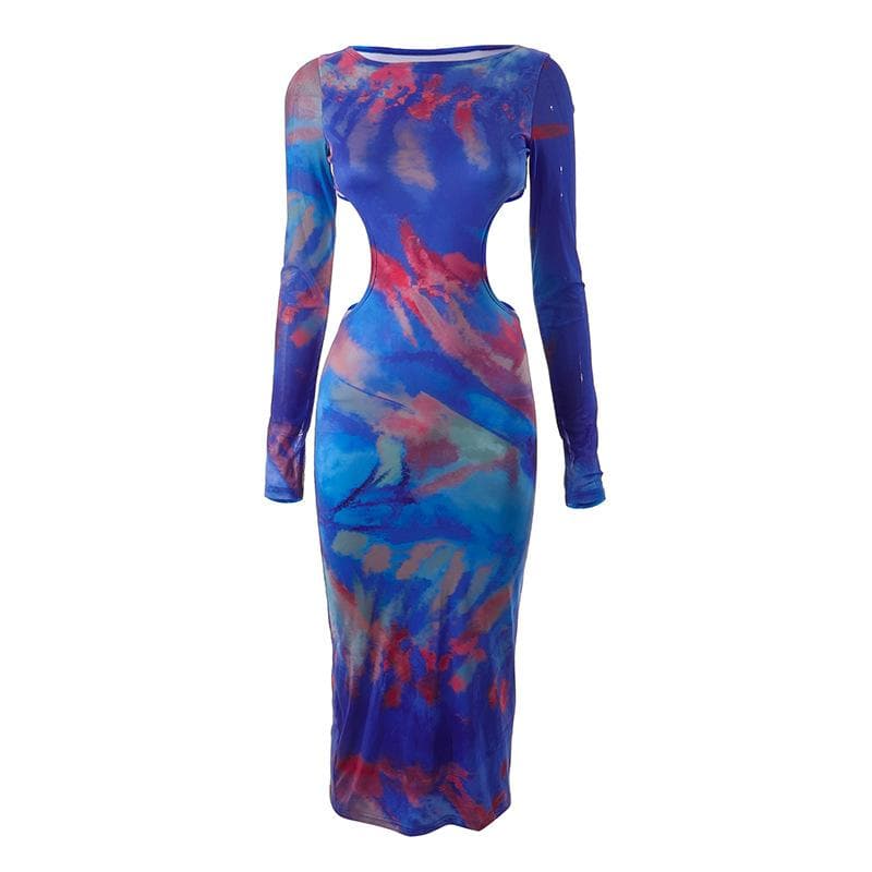 Hollow out contrast print long sleeve ruched mesh patchwork midi dress 2