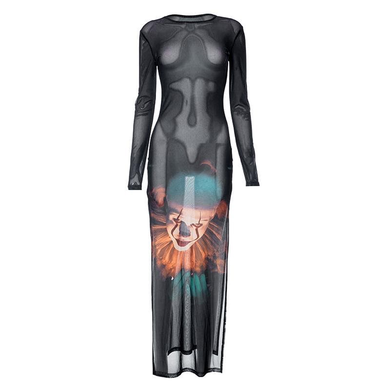 Joker pattern long sleeve sheer mesh see through slit maxi dress 2