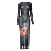 Joker pattern long sleeve sheer mesh see through slit maxi dress 2
