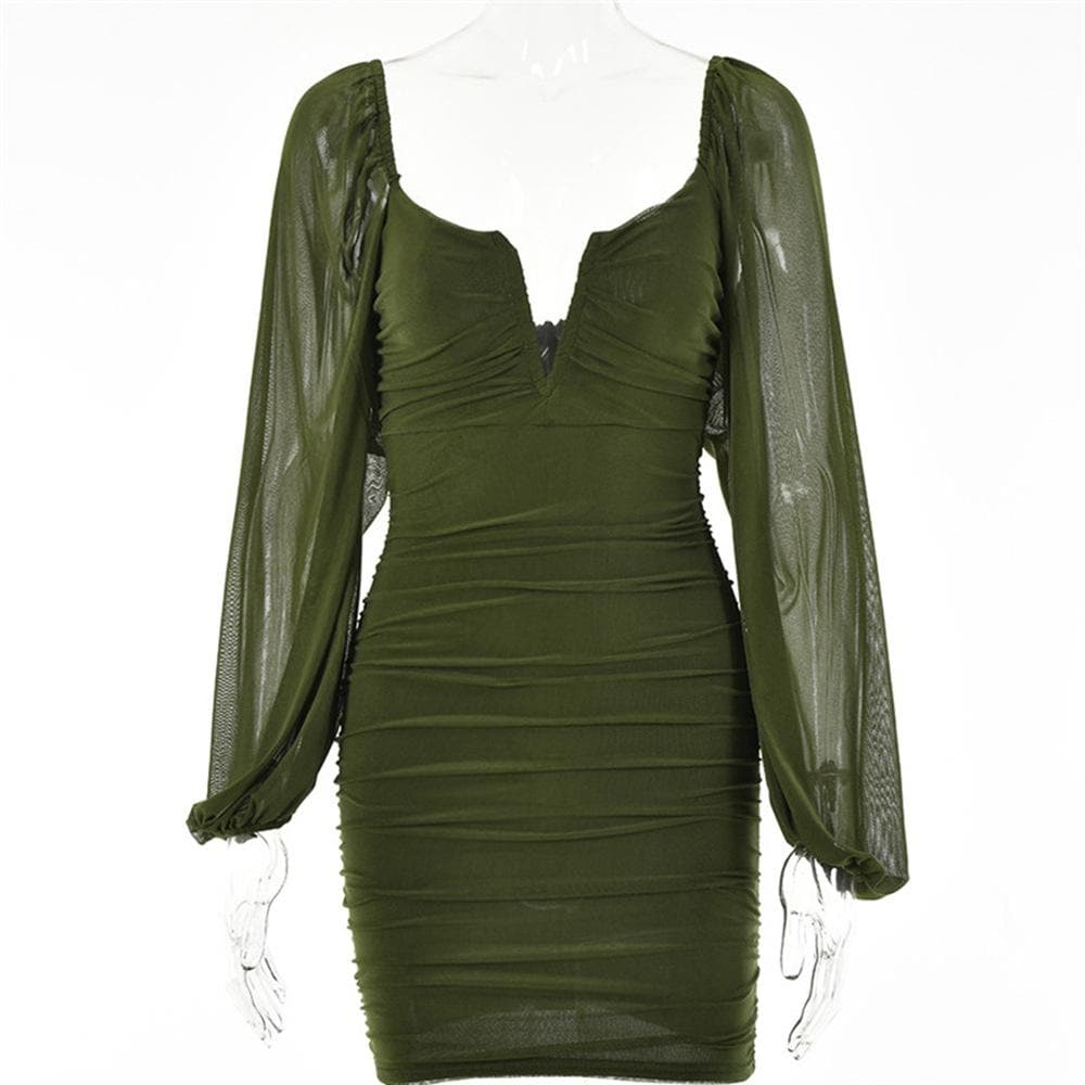 Mesh solid long sleeve ruched notch neck zip-up mini dress 17