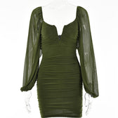 Mesh solid long sleeve ruched notch neck zip-up mini dress 17