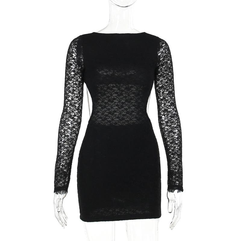 Lace solid long sleeve backless hollow out self tie mini dress 2