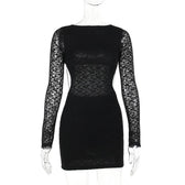 Lace solid long sleeve backless hollow out self tie mini dress 2
