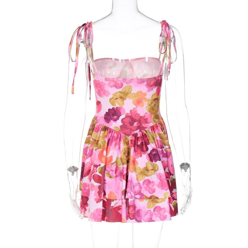 Flower print self tie square neck contrast ruffle mini dress
