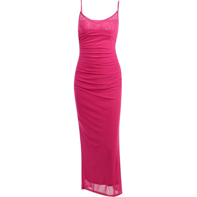 Mesh ruched slit square neck solid backless cami midi dress 10
