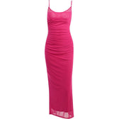 Mesh ruched slit square neck solid backless cami midi dress 10