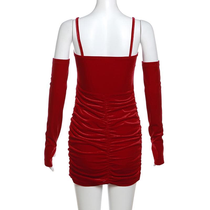 Velvet Twist Bust Lace Mesh Waist Ruched Cami Mini Dress with Gloves 6