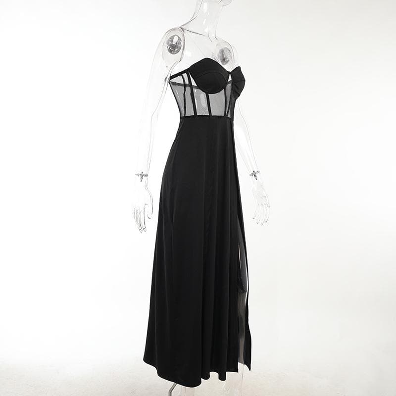 Mesh heart neck high slit pleated tube maxi dress 4