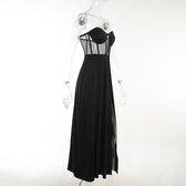 Mesh heart neck high slit pleated tube maxi dress 4